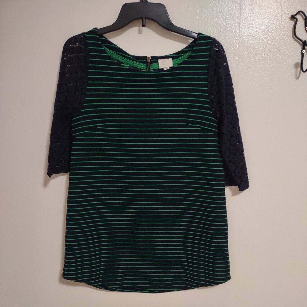Anthropologie Postmark Women's S Green Blue Lace Striped Shirt Tunic
